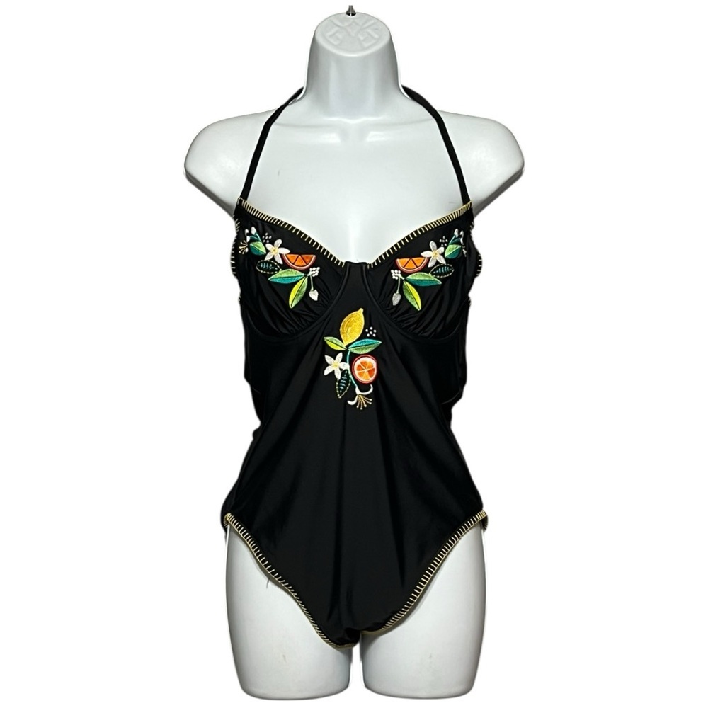 Figleaves Fuller Bust Embroidered Double Strap Swimsuit 34DDD Black One Piece - Picture 3 of 14